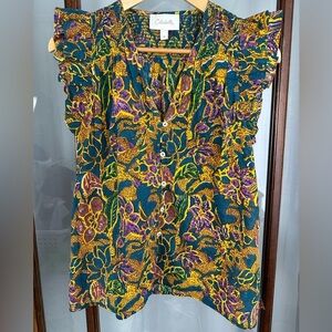 Cleobella Organic 100% Cotton Blue Yellow Floral Sleeveless Blouse Medium Boho